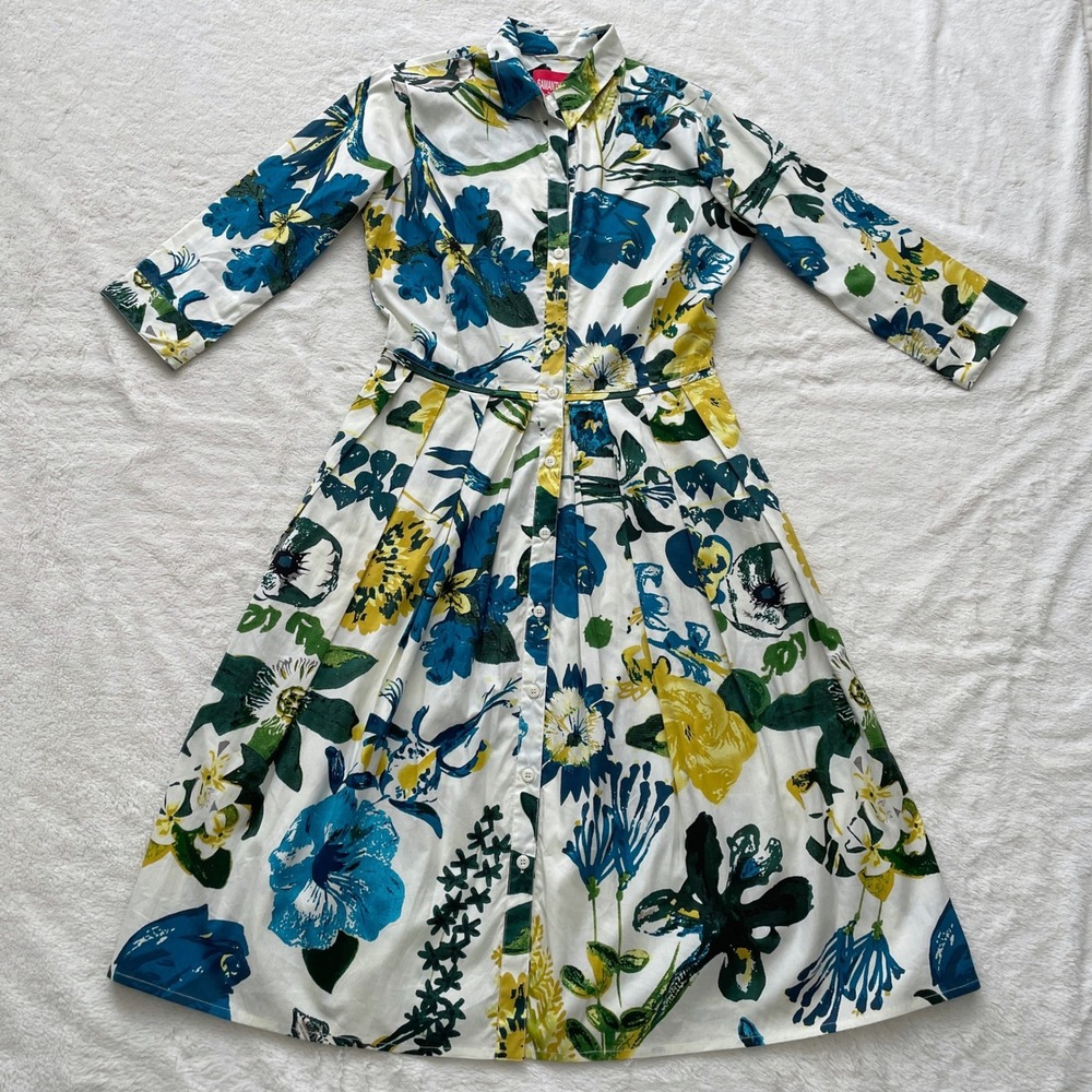 Samantha Sung Audrey Floral Shirt Dress Blue Yellow Green Cotton Midi Size 8